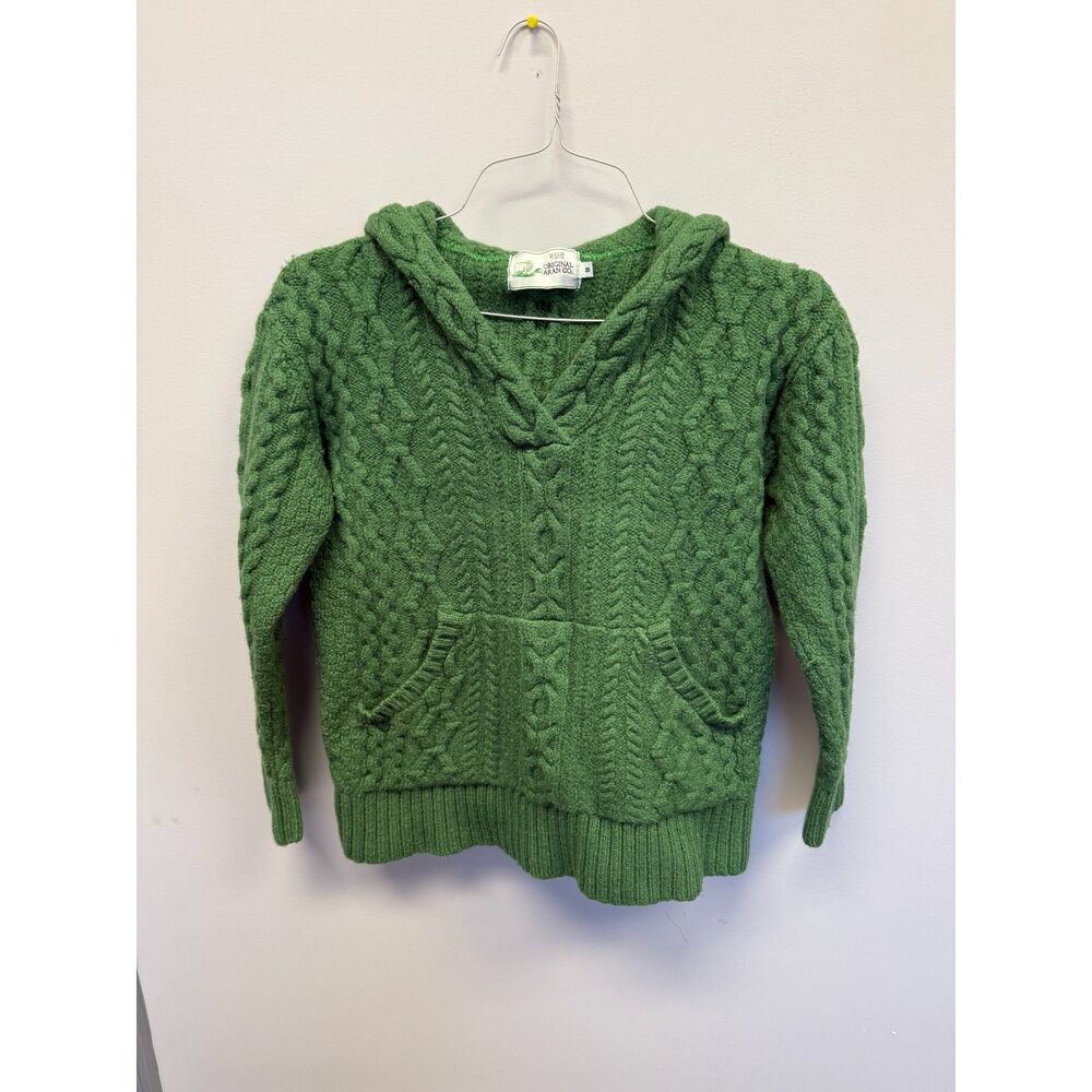 Original Aran Co. Green 100% Wool Cable Knit Hooded Sweater Womens M Irish